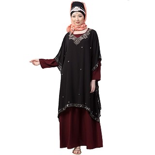 Party wear double layered Embellished abaya- Black-Maroon